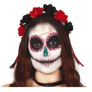 Diadeem/tiara met zwarte en rode rozen voor dames - Day of the dead - Halloween verkleed accessoires