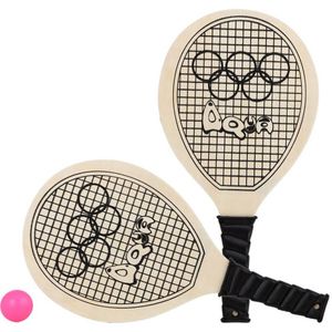 Houtkleurige beachball set met tennisracketprint buitenspeelgoed - Houten beachballset - Rackets/batjes en bal - Tennis ballenspel