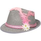 2x stuks grijs/roze Tiroler hoedje met veer en bloem voor dames - Oktoberfest/bierfeest feesthoeden - Alpenhoedje/jagershoedje