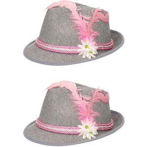 2x stuks grijs/roze Tiroler hoedje met veer en bloem voor dames - Oktoberfest/bierfeest feesthoeden - Alpenhoedje/jagershoedje
