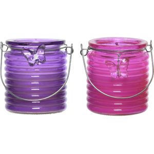 Citronella windlicht met kaars - paars en roze - 20 branduren - citrusgeur