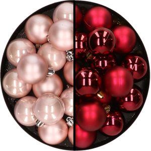 32x stuks kunststof kerstballen mix van lichtroze en donkerrood 4 cm - Kerstversiering