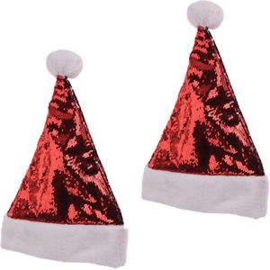 2x stuks glimmende wrijf pailletten kerstmutsen rood/zilver voor volwassenen - Glitters