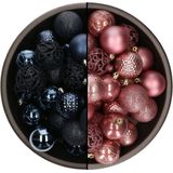 Bellatio Decorations Kerstballen mix - 74-delig - velvet roze en donkerblauw - 6 cm - kunststof