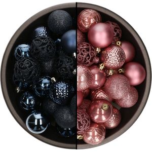 Bellatio Decorations Kerstballen mix - 74-delig - velvet roze en donkerblauw - 6 cm - kunststof