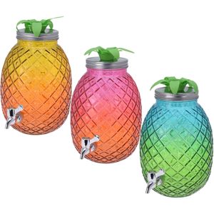 Set van 3x stuks glazen drank dispenser ananas blauw/groen, geel/oranje en roze/oranje 4,7 liter - Dranken serveren