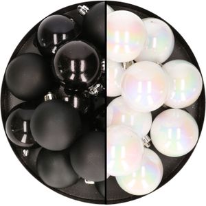 24x stuks kunststof kerstballen mix van zwart en parelmoer wit 6 cm - Kerstversiering