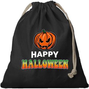 2x Pompoen / happy halloween canvas snoep tasje/ snoepzakje zwart met koord 25 x 30 cm - snoeptasje halloween