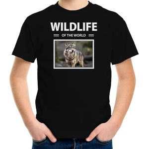 Dieren foto t-shirt Wolf - zwart - kinderen - wildlife of the world - cadeau shirt Wolven liefhebber - kinderkleding / kleding