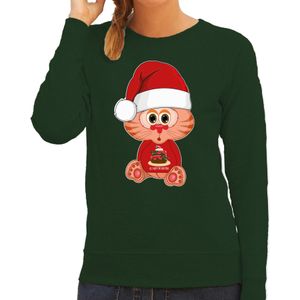 Bellatio Decorations Foute Kersttrui/sweater voor dames - all I want - taart - groen - kerst poes