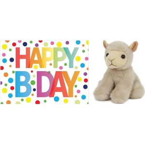 Pluche knuffel lammetje/schaap 13 cm met A5-size Happy Birthday wenskaart - Verjaardag cadeau setje - Een knuffel sturen