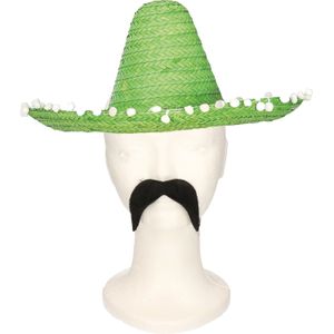 Carnaval verkleed set Gringo - Mexicaanse sombrero hoed - groen - met Western thema plaksnor zwart