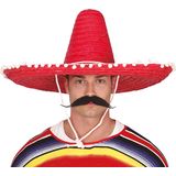 Carnaval verkleed set - Mexicaanse sombrero hoed 60 cm met plaksnor - rood - heren