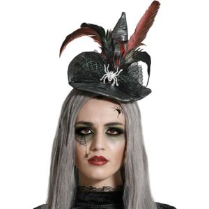 Halloween heksenhoed - mini hoedje op diadeem - one size - zwart/rood - meisjes/dames - verkleed accessoires