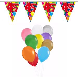 Folat - Verjaardag 45 jaar feest thema set 50x ballonnen en 2x leeftijd print vlaggenlijnen