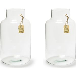 2x stuks transparante Eco melkbus vaas/vazen van glas 25 cm hoog x 14.5 cm breed. Boeket of losse bloemen