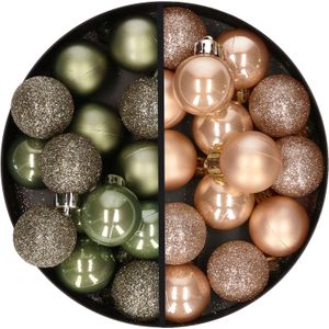 Kunststof kerstballen -28x st.- legergroen en lichtbruin -3 cm- kunststof