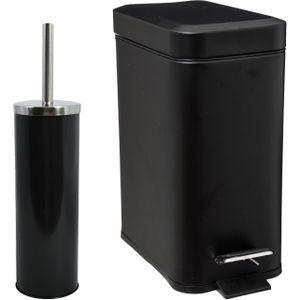 MSV Badkamer accessoires set - zwart - metaal - pedaalemmer 5L en toiletborstel in houder