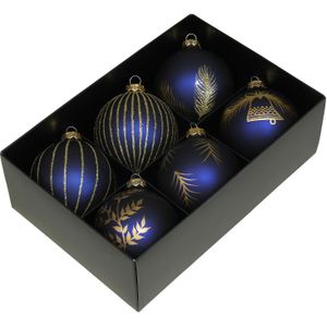 Othmar Decorations gedecoreerde kerstballen -6x -donkerblauw -glas 8cm