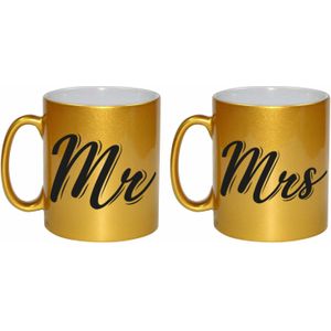 Gouden Mrs en MR cadeau mokken / bekers voor koppels 330 ml - Keramiek