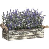 Items Lavendel bloemen kunstplant in bloembak - 2x - donkerpaarse bloemen - 30 x 12 x 21 cm - bloemstukje