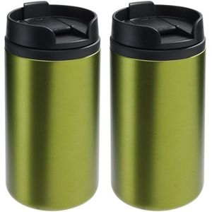 2x Thermosbekers/warmhoudbekers metallic groen 290 ml - Thermo koffie/thee isoleerbekers dubbelwandig met schroefdop