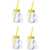 8x stuks Glazen Mason Jar drinkbekers gele dop en rietje 500 ml - afsluitbaar/niet lekken/fruit shakes