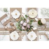 Bruiloft/huwelijk jute tafelloper 28 x 275 cm met wit kant - Huwelijk thema antiek/romantisch - Tafeldecoratie versieringen