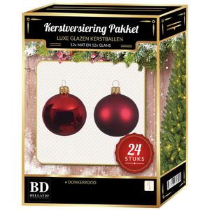 24 Stuks mix glazen Kerstballen pakket donkerrood 6 cm - kerstballen pakket