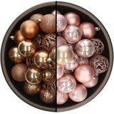 Bellatio Decorations Kerstballen mix - 74-delig - camel bruin en lichtroze - 6 cm - kunststof