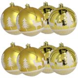 8x stuks gedecoreerde kerstballen goud kunststof diameter 8 cm - Kerstboom versiering