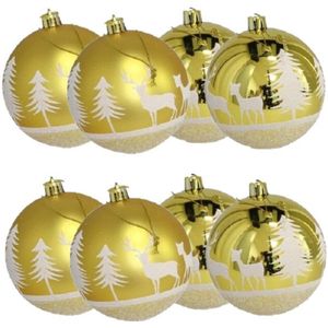 8x stuks gedecoreerde kerstballen goud kunststof diameter 8 cm - Kerstboom versiering