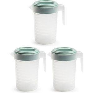 3x stuks Transparante/Mintgroene Waterkan/Sapkannen met Deksel 1 liter Kunststof