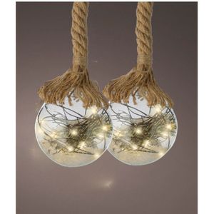 Lumineo verlichte kerstballen - 2x st - glas - aan touw -D10 cm -warm wit