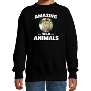 Sweater leeuw - zwart - kinderen - amazing wild animals - cadeau trui leeuw / leeuwen liefhebber