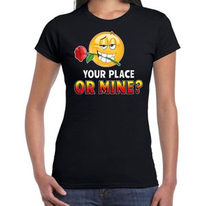 Funny emoticon t-shirt Your place or mine zwart voor dames - Fun / cadeau shirt