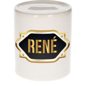 Rene naam cadeau spaarpot met gouden embleem - kado verjaardag/ vaderdag/ pensioen/ geslaagd/ bedankt