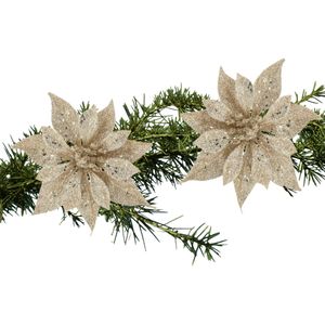 Kerstboom bloemen op clip - 2x stuks - champagne - kunststof - 10 cm
