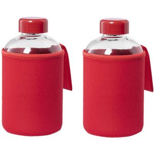 4x Stuks glazen waterfles/drinkfles met rode softshell bescherm hoes 600 ml - Sportfles - Bidon