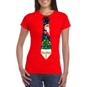Rood kerst T-shirt voor dames - Kerstman en kerstboom stropdas print