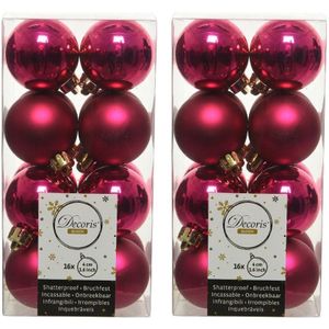 32x Bessen roze kunststof kerstballen 4 cm - Mat/glans - Onbreekbare plastic kerstballen - Kerstboomversiering bessen roze