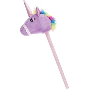 Pluche eenhoorn stokpaardje paars 80 cm - Speelgoed unicorn stokpaardjes met regenboog manen