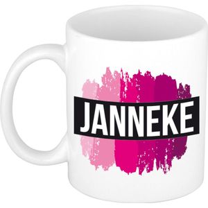 Janneke  naam cadeau mok / beker met roze verfstrepen - Cadeau collega/ moederdag/ verjaardag of als persoonlijke mok werknemers