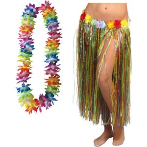 Hawaii verkleed hoela rokje en bloemenkrans met led - volwassenen - multi - tropisch themafeest