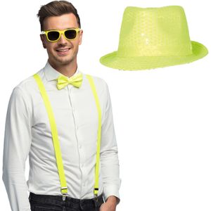 Carnaval verkleedset Supercool - hoedje/bretels/bril/strikje - geel - heren/dames - glimmend - verkleedkleding accessoires