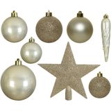 Kerstversiering kunststof kerstballen en hangers parel/champagne 5-6-8 cm pakket van 39x stuks - Met ster vorm piek van 19 cm