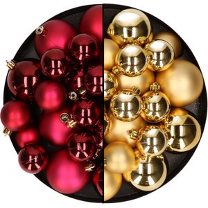 Kerstversiering kunststof kerstballen kleuren mix donkerrood/goud 6-8-10 cm pakket van 44x stuks