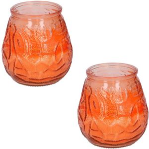 Set van 2x stuks citronella lowboy tuin kaarsen in oranje glas - 10 cm - 15 branduren