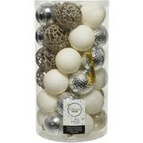 74x stuks kunststof kerstballen zilver/parel/wit 6 cm - mat/glans/glitter - Onbreekbare plastic kerstballen