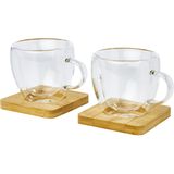 Seasons Dubbelwandige koffieglazen 100 ml - set van 2x stuks - met bamboe onderzetters - Espresso glazen